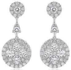 1.29CT DIAMOND 18KT WHITE GOLD 3D CLUSTER FLOWER HALO TEAR DROP HANGING EARRINGS