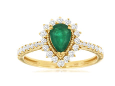 1.18CT DIAMOND & AAA EMERALD 14KT YELLOW GOLD ROUND & PEAR SHAPE FRIENDSHIP RING