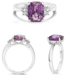 3.54CT DIAMOND & AAA PINK SAPPHIRE PLATINUM 3D CUSHION & TRAPEZOID 3 STONE RING