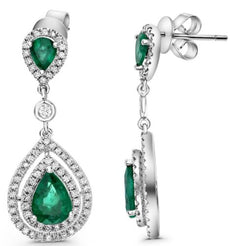 2.96CT DIAMOND & AAA EMERALD 18KT WHITE GOLD PEAR SHAPE & ROUND HANGING EARRINGS
