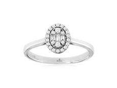 ESTATE .19CT DIAMOND 14KT WHITE GOLD ROUND & BAGUETTE CLUSTER HALO OVAL FUN RING