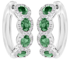 2.19CT DIAMOND & AAA EMERALD 18KT WHITE GOLD OVAL & ROUND HOOP HANGING EARRINGS
