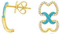 .54CT DIAMOND & TURQUOISE ENAMEL 14K YELLOW GOLD 3D DOUBLE HEART X LOVE EARRINGS