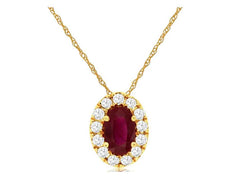 .32CT DIAMOND & AAA RUBY 14KT YELLOW GOLD 3D OVAL FLOWER HALO FLOATING PENDANT