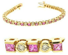 5.65CT DIAMOND & AAA PINK SAPPHIRE 14KT YELLOW GOLD 3D ROUND & PRINCESS BRACELET