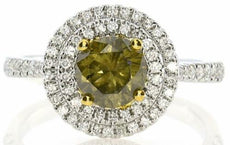 1.40CT WHITE & FANCY YELLOW DIAMOND 18KT 2 TONE GOLD DOUBLE HALO ENGAGEMENT RING
