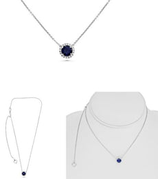 1.36CT DIAMOND & AAA SAPPHIRE 18KT WHITE GOLD ROUND SOLITAIRE HALO LOVE NECKLACE
