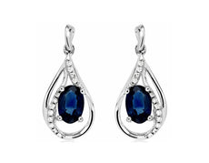 1.40CT DIAMOND & AAA SAPPHIRE 14KT WHITE GOLD 3D OVAL & ROUND HANGING EARRINGS
