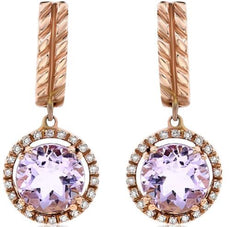 ESTATE 4.2CT DIAMOND & AAA PINK AMETHYST 14KT ROSE GOLD HALO FUNHANGING EARRINGS