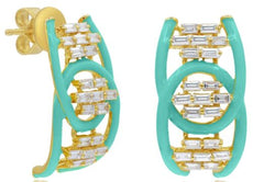 .66CT DIAMOND & GREEN ENAMEL 14KT YELLOW GOLD CRISS CROSS LOVE KNOT FUN EARRINGS
