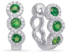 .65CT DIAMOND & AAA EMERALD 14K WHITE GOLD ROUND 3 STONE HUGGIE HANGING EARRINGS