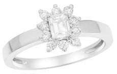 .65CT DIAMOND 18KT WHITE GOLD 3D ROUND & BAGUETTE CLASSIC FLOWER ENGAGEMENT RING