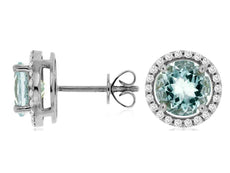 ESTATE 2.53CT DIAMOND & AAA AQUAMARINE 14KT WHITE GOLD ROUND HALO STUD EARRINGS