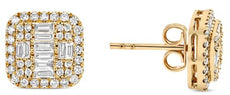 .98CT DIAMOND 14KT YELLOW GOLD 3D ROUND & BAGUETTE SQUARE HALO CLUSTER EARRINGS