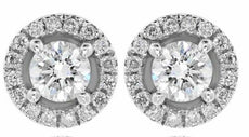 ESTATE LARGE 1.32CT DIAMOND 14KT WHITE GOLD SOLITAIRE CLASSIC HALO STUD EARRINGS