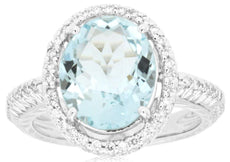 4.37CT DIAMOND & AAA AQUAMARINE 14K WHITE GOLD OVAL & ROUND HALO ENGAGEMENT RING