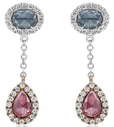 .88CT WHITE BLUE & RED ROSE CUT DIAMOND 18KT WHITE & ROSE GOLD HANGING EARRINGS