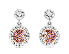 .54CT WHITE & PINK DIAMOND 14KT WHITE & ROSE GOLD FLOWER HALO HANGING EARRINGS