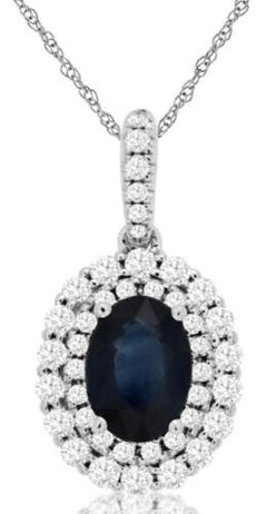 1.39CT DIAMOND & AAA SAPPHIRE 14KT WHITE GOLD ROUND & OVAL DOUBLE HALO PENDANT