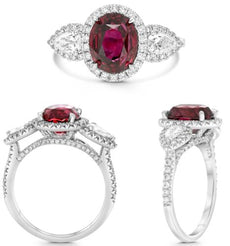 4.17CT DIAMOND & AAA RUBY PLATINUM 3D OVAL & PEAR SHAPE 3 STONE ENGAGEMENT RING