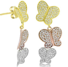 1.19CT DIAMOND 14KT TRI COLOR GOLD MULTI BUTTERFLY JOURNEY LOVE HANGING EARRINGS