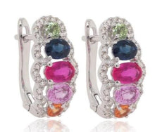 2.10CT DIAMOND & AAA MULTI COLOR SAPPHIRE 14K WHITE GOLD HALO LEVERBACK EARRINGS