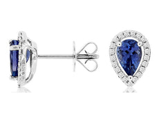 .97CT DIAMOND & AAA TANZANITE 14K WHITE GOLD 3D PEAR SHAPE & ROUND STUD EARRINGS