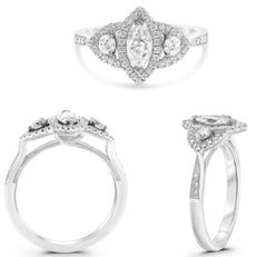.93CT DIAMOND 18K WHITE GOLD 3D MARQUISE & ROUND 3 STONE HALO FILIGREE HALO RING
