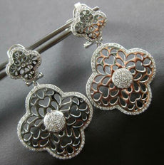 LARGE .88CT DIAMOND 14KT WHITE GOLD 3D FILIGREE 4 LEAF CLOVER FLOWER EARRINGS