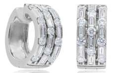 WIDE 1.88CT DIAMOND 18KT WHITE GOLD 3D ROUND & BAUETTE FILIGREE HUGGIE EARRINGS