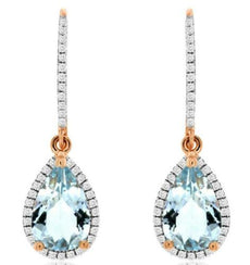 2.32CT DIAMOND & AAA AQUAMARINE 14KT WHITE ROSE GOLD PEAR SHAPE HANGING EARRINGS