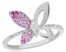 .30CT DIAMOND & MULTI COLOR PINK SAPPHIRE 14KT WHITE GOLD 3D BUTTERFLY LOVE RING