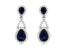 2.47CT DIAMOND & AAA SAPPHIRE 14K WHITE GOLD 3D PEAR SHAPE HALO HANGING EARRINGS