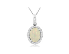1.04CT DIAMOND & AAA OPAL 14KT WHITE GOLD 3D OVAL & ROUND HALO FLOATING PENDANT
