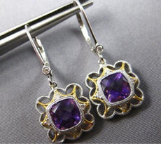 1.78CT DIAMOND & AAA AMETHYST 14KT 2 TONE GOLD SQUARE LEVERBACK HANGING EARRINGS