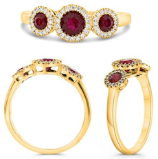 .70CT DIAMOND & AAA RUBY 14KT YELLOW GOLD 3 STONE HALO PAST PRESENT FUTURE RING