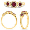 .70CT DIAMOND & AAA RUBY 14KT YELLOW GOLD 3 STONE HALO PAST PRESENT FUTURE RING