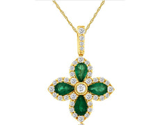 1.25CT DIAMOND & AAA EMERALD 14KT YELLOW GOLD PEAR SHAPE & ROUND FLOWER PENDANT