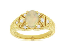 1.04CT DIAMOND & AAA OPAL 14KT YELLOW GOLD OVAL & ROUND TRIANGULAR FILIGREE RING