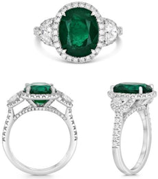 4.72CT DIAMOND & AAA EMERALD PLATINUM OVAL & SEMI MOON 3 STONE ENGAGEMENT RING