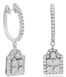 ESTATE 1.3CT DIAMOND 14KT WHITE GOLD SQUARE CLUSTER FUN HUGGIE HANGING EARRINGS
