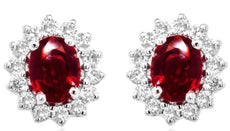 1.10CT DIAMOND & AAA RUBY 14KT WHITE GOLD 3D OVAL & ROUND FLOWER STUD EARRINGS