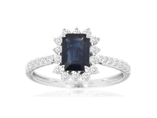 1.57CT DIAMOND & AAA SAPPHIRE 14K WHITE GOLD EMERALD CUT & ROUND ENGAGEMENT RING