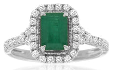 1.46CT DIAMOND & AAA EMERALD 14KT WHITE GOLD 3D BAGUETTE & ROUND ENGAGEMENT RING