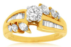 1.16CT DIAMOND 14KT YELLOW GOLD ROUND BAGUETTE & MARQUISE SHAPE ENGAGEMENT RING
