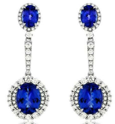 ESTATE 11.90CT DIAMOND & AAA TANZANITE 14K WHITE GOLD OVAL HALO HANGING EARRINGS