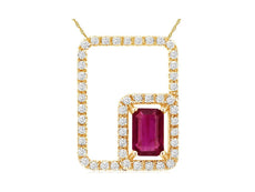 .96CT DIAMOND & AAA RUBY 14KT YELLOW GOLD EMERALD CUT & ROUND HALO FUN PENDANT