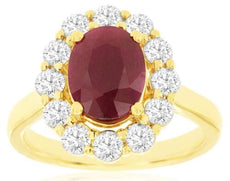 3.30CT DIAMOND & AAA RUBY 14KT YELLOW GOLD 3D OVAL & ROUND PRINCESS DIANA RING