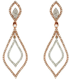 1.15CT DIAMOND 14KT WHITE & ROSE GOLD 3D DOUBLE TEAR DROP FUN HANGING EARRINGS