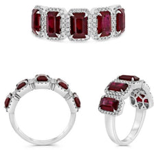 3.37CT DIAMOND & AAA RUBY PLATINUM ROUND & EMERALD CUT CLASSIC 5 STONE HALO RING